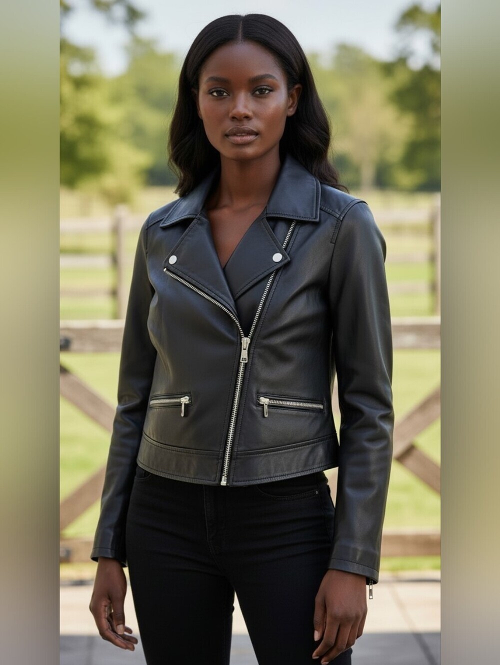 Black Faux Leather Moto Jacket Asymmetric Zip Biker Gold Hardware Women's M